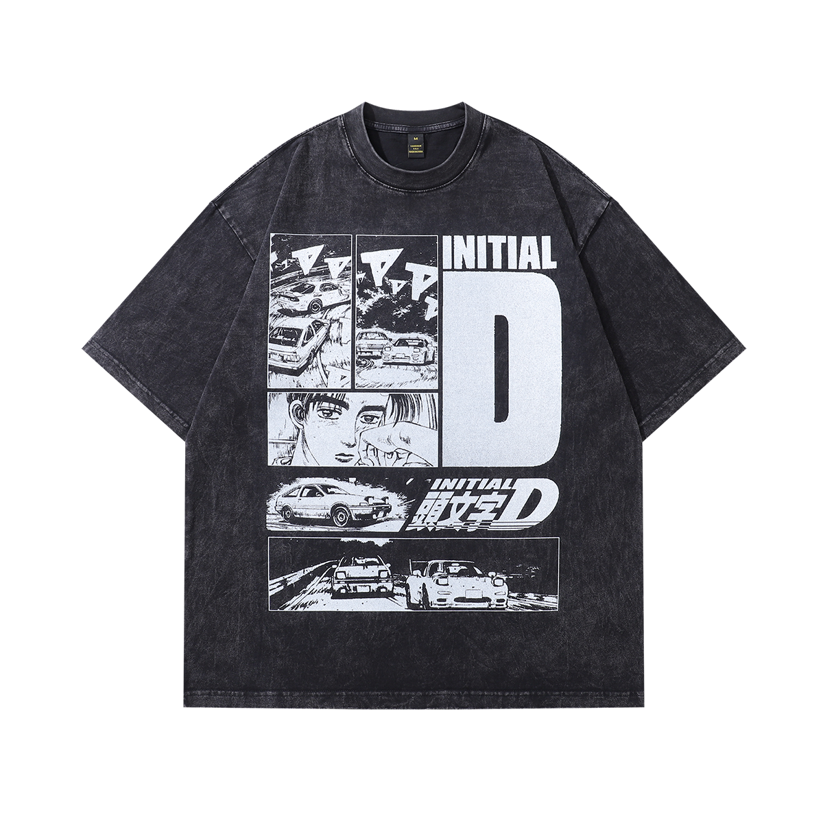 Black white anime t-shirt racing cartoon tee Japanese top in vintage grey