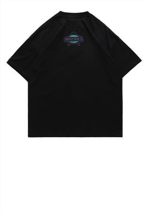 Alien print t-shirt Cyber tee retro UFO top in Black