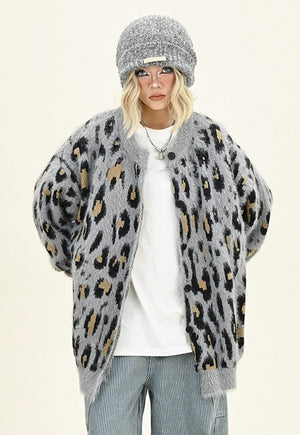 Fluffy leopard cardigan animal print fuzzy jumper in grey