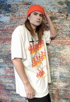 Burning cross t-shirt graffiti flame top grunge tee white