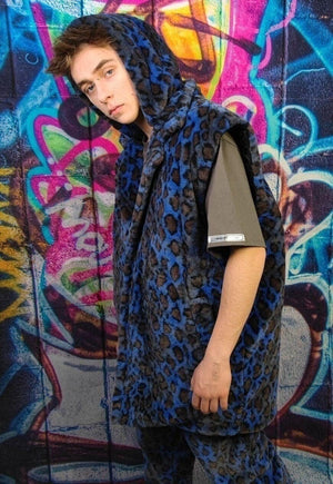 Leopard fleece coat handmade 2in1 tie-dye trench jacket blue