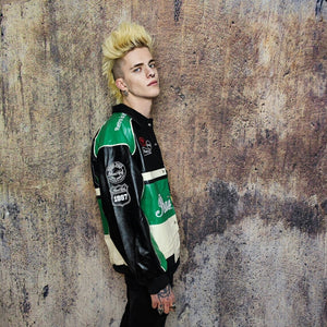Faux leather racing jacket patchwork motorcycle varsity vintage motor sport jacket F1 letterman bomber premium biker jacket in black green