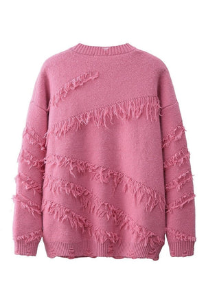 Fringed sweater distressed jumper knit ripped top in pink