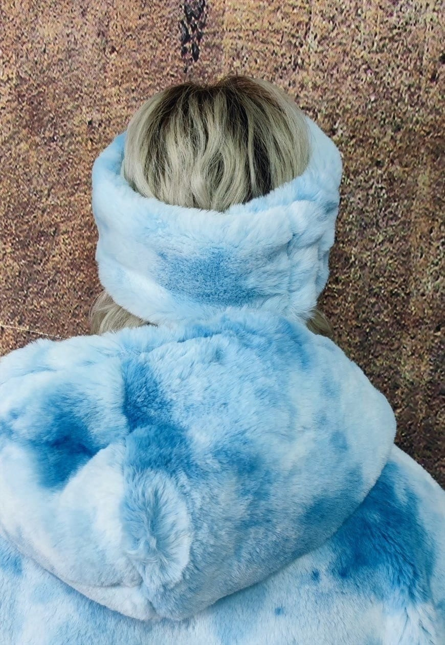 Fleece headband luxury fluffy head cover in tie-dye blue
