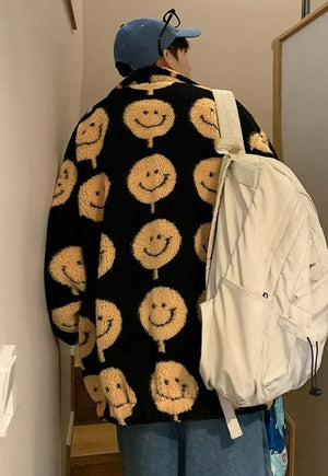 Emoji fleece jacket faux fur smile print bomber in black