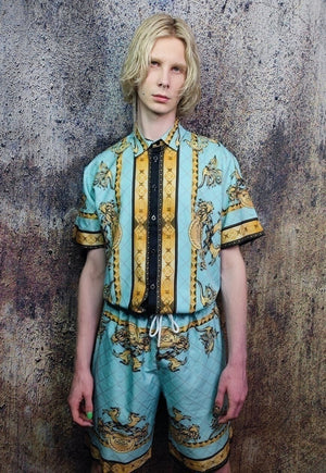 Baroque shirt golden flowers print short sleeve top in blue