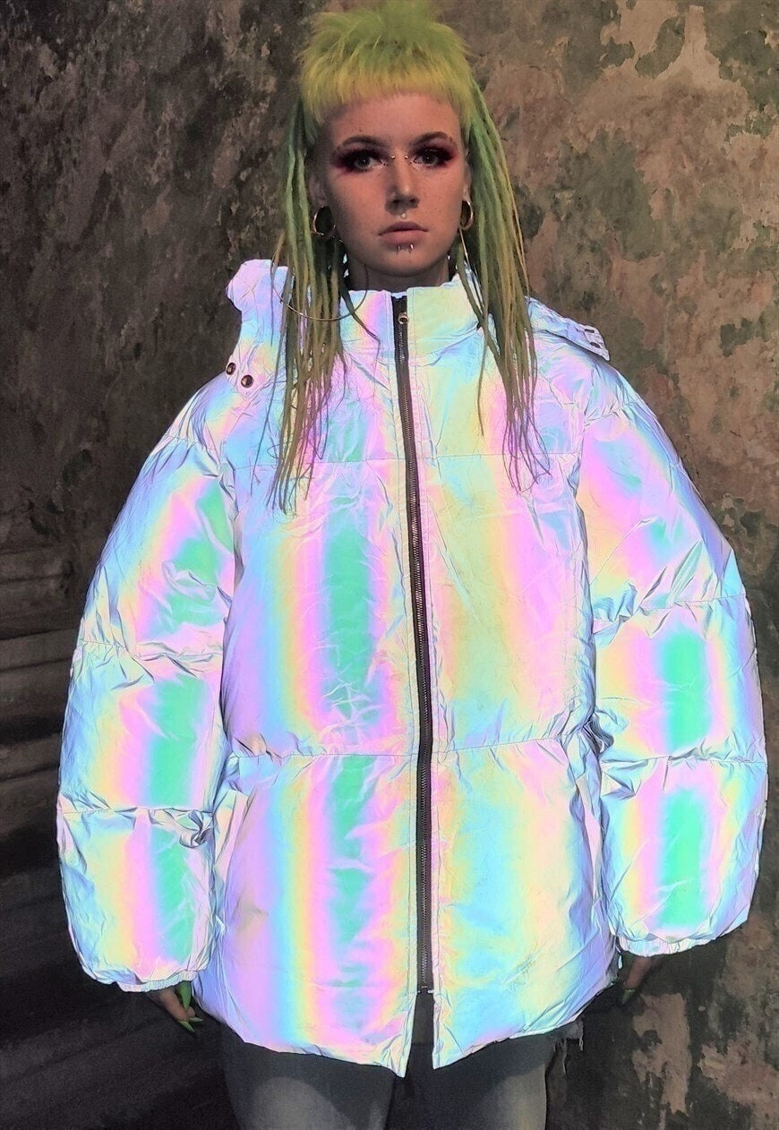 Reflective winter bomber luminous puffer jacket in grey