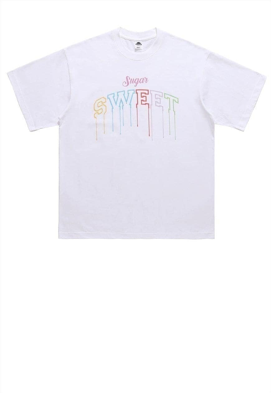 Sweet slogan t-shirt retro rainbow tee raver top in black
