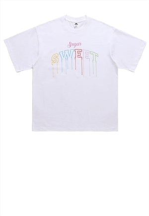 Sweet slogan t-shirt retro rainbow tee raver top in black