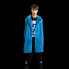 Neon faux fur long coat hooded trench bright raver bomber detachable fleece festival removable sleeves burning man jacket in electric blue