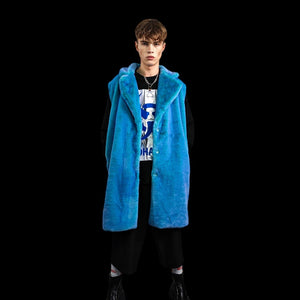 Neon faux fur long coat hooded trench bright raver bomber detachable fleece festival removable sleeves burning man jacket in electric blue