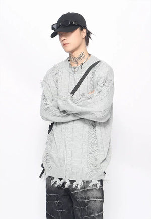 Grunge zip up cardigan grey ripped punk jumper y2k knit top