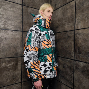 Cow bomber handmade detachable zebra puffer devil horn jacket animal print coat reversible jacket in green white stripe