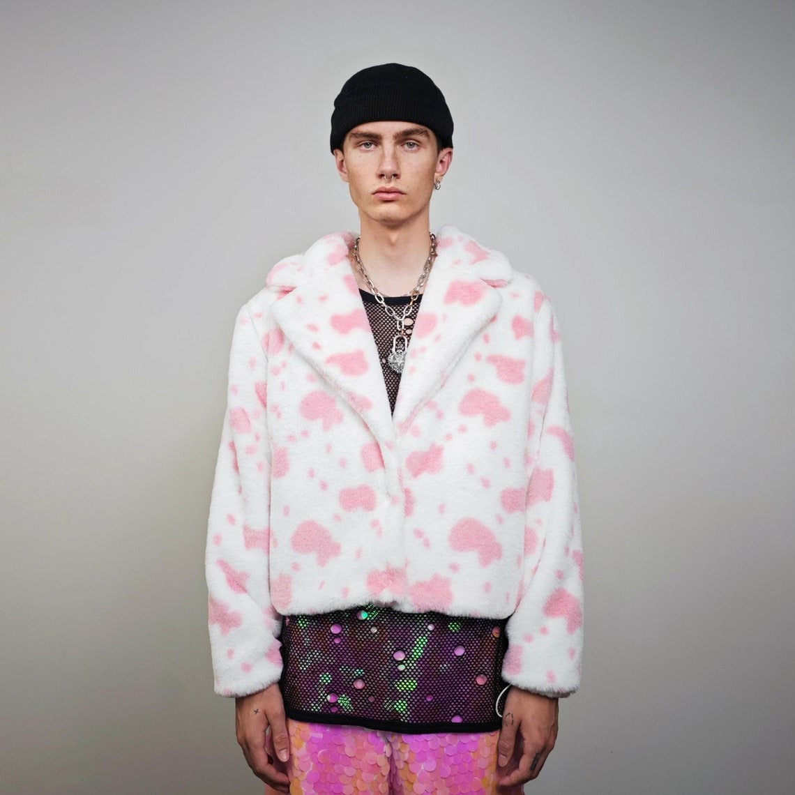 Cropped cow print coat red white fleece trench animal print jacket detachable sleeves handmade spot pattern party overcoat festival set