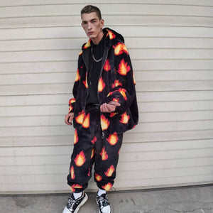 Flame fleece joggers luxury fluffy pants handmade thunder print trousers long hair premium fire festival overalls in black