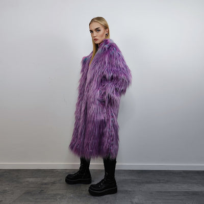 Shaggy faux fur lavender coat long neon trench bright raver bomber fluffy winter fleece luminous festival jacket burning man overcoat purple