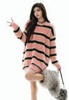 Striped fluffy sweater knitted jumper soft pullover in pink