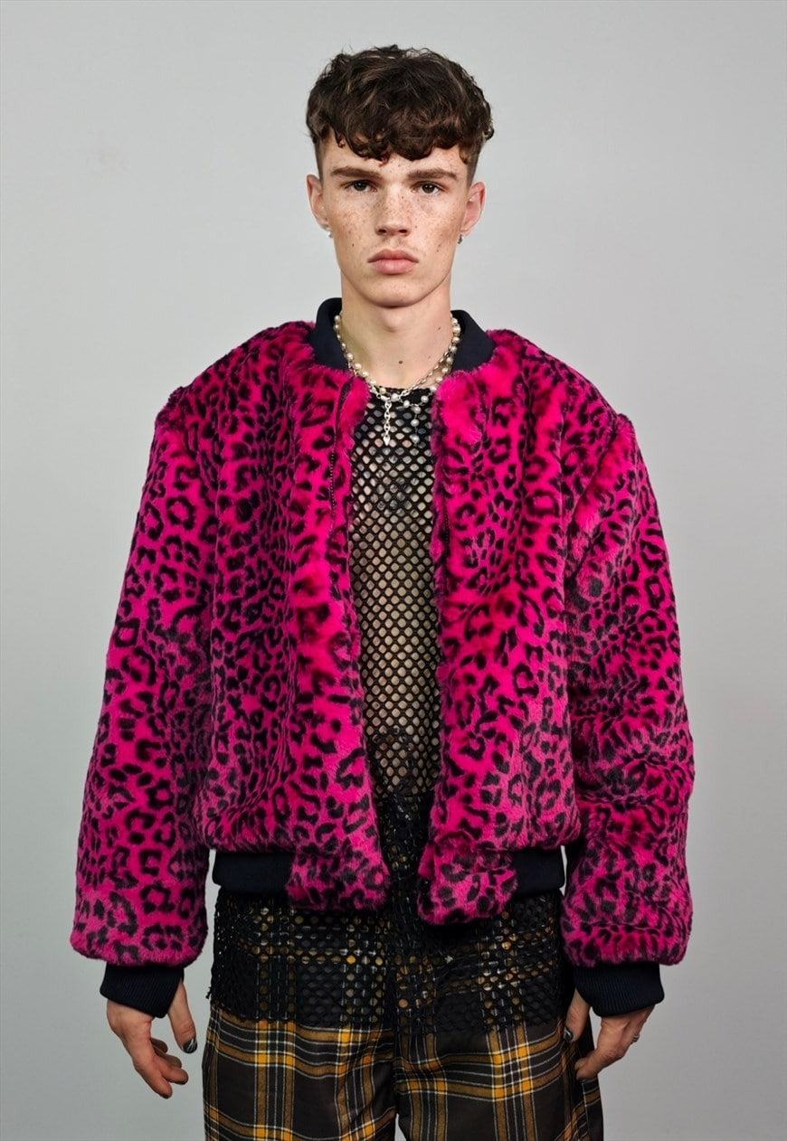 Short leopard jacket pink animal print fluffy college bomber