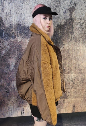 Reworked fleece jacket contrast stitch bomber jacket brown