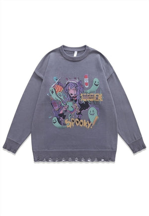 Anime sweater spooky jumper ripped knitted Kawaii top cream