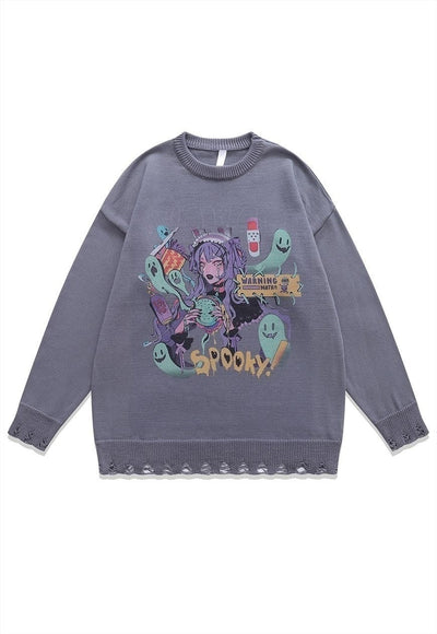 Anime sweater spooky jumper ripped knitted Kawaii top cream