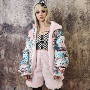 Pastel pink fleece jacket handmade reversible fluffy paisley bomber fluorescent faux fur premium Barbie bandanna coat in faded pink