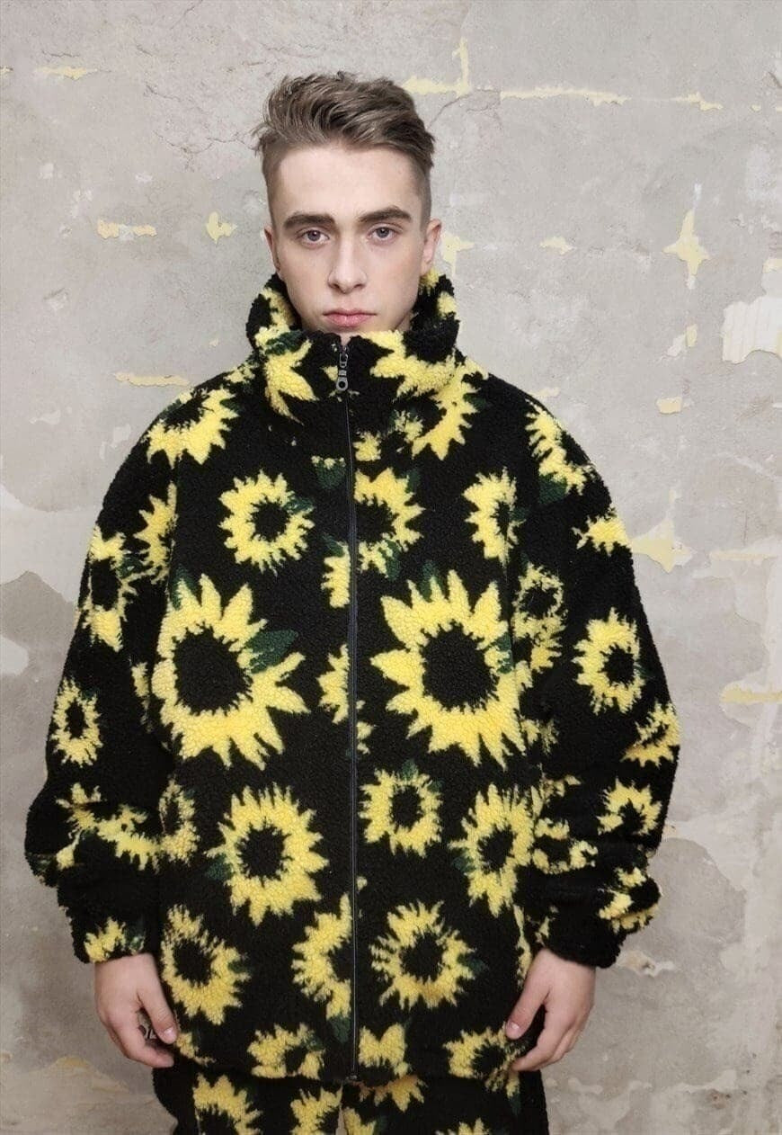 Sunflower fleece jacket handmade daisy floral padded jacket