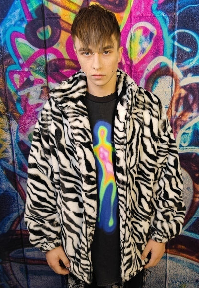 Zebra fleece jacket in white animal print stripe bomber