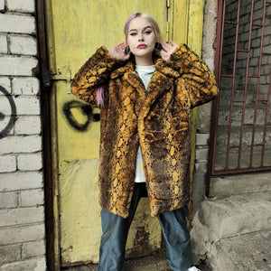 Luxury faux fur snake coat python print bomber handmade fluffy crocodile jacket fleece puffer premium grunge snake skin trench in yellow