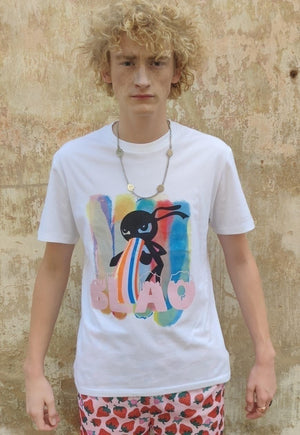 Rainbow print t-shirt monster graffiti tee in white