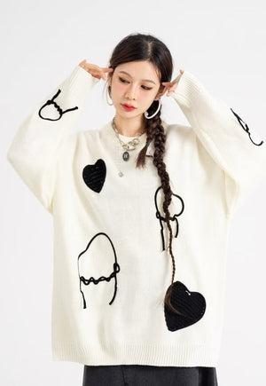 Heart sweater knitted grunge jumper fleece patch top black