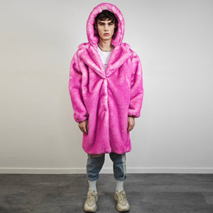 Pink fur coat neon long trench fluorescent psychedelic overcoat heavy rave bomber festival geometric jacket custom going out bright peacoat