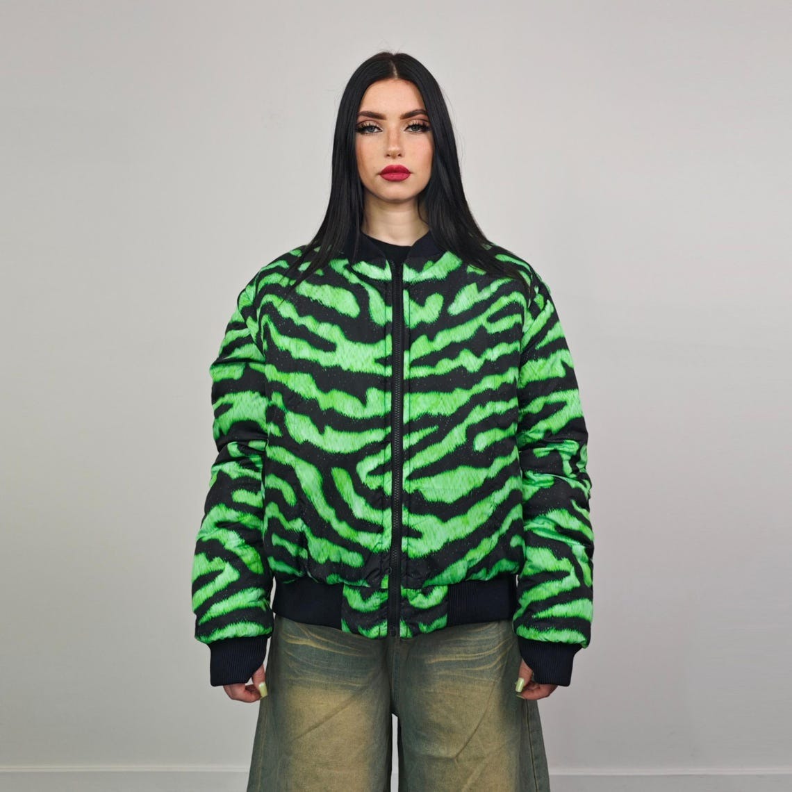 Spider web print bomber green plaid check jacket punk reversible college varsity detachable sleeves handmade creepy grunge tartan coat