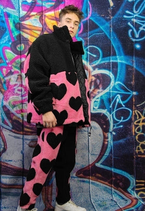 Heart fleece handmade love emoji bomber jacket in pink black