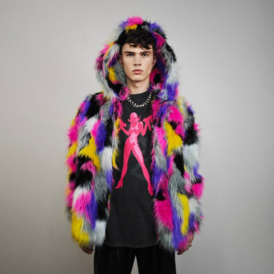 Patch faux fur jacket raised neck coat bright raver bomber fluffy rainbow fleece bright festival track jacket burning man overcoat pink grey