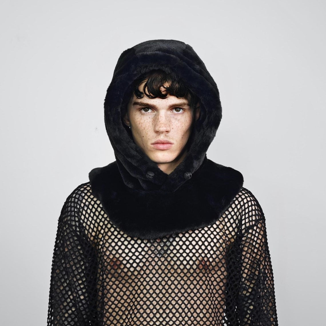 Faux fur hood brown tiedye snood handmade hooded hat gradient cap all over fluffy fleece scarf unisex bucket grunge winter festival headwear