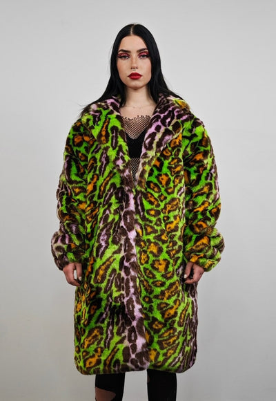 Leopard fauxfur coat green neon animal print festival trench