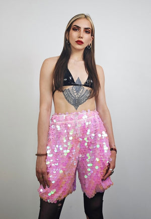 Pink sequin shorts mermaid trousers fantasy luminous pants