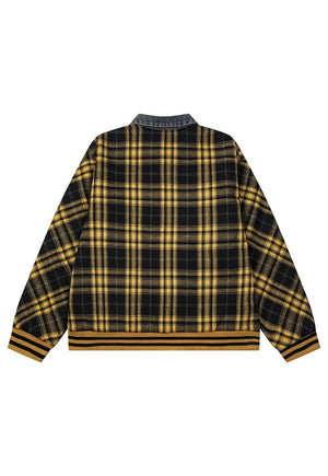 Retro plaid jacket woollen checked bomber in brown