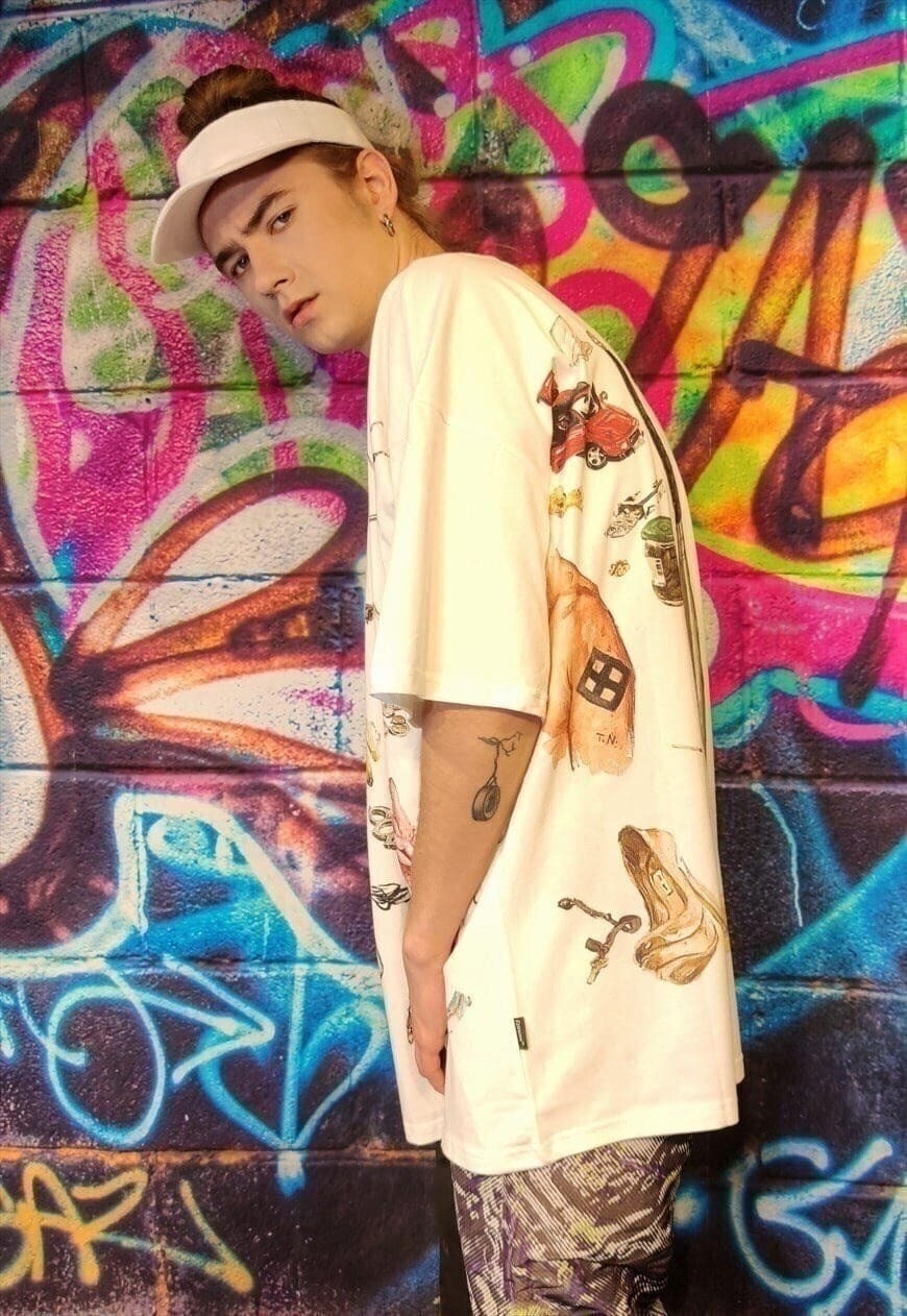 Baseball bat print tee graffiti skater t-shirt in white