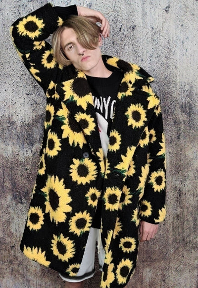 Daisy fleece jacket retro sunflower floral trench coat black