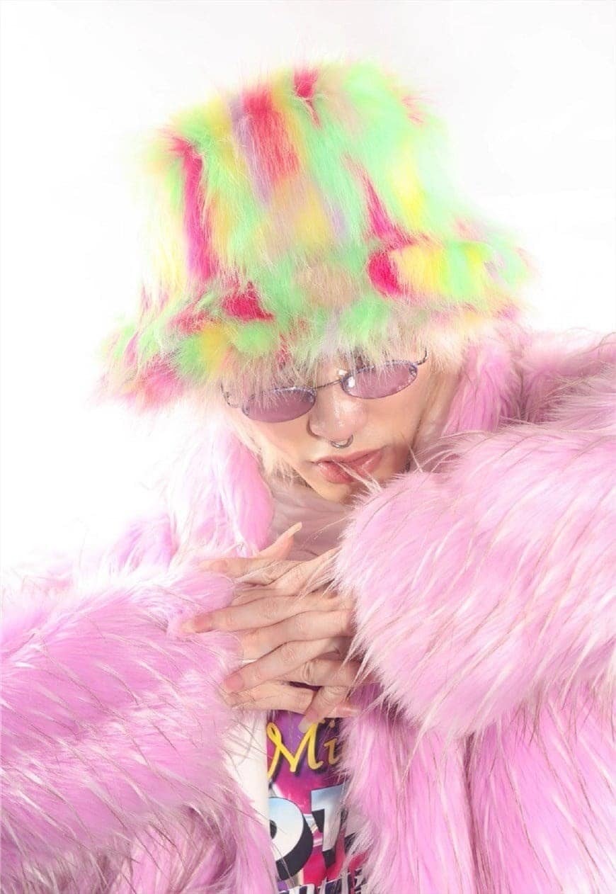 Festival faux fur bucket hat fluffy neon hat tropical print