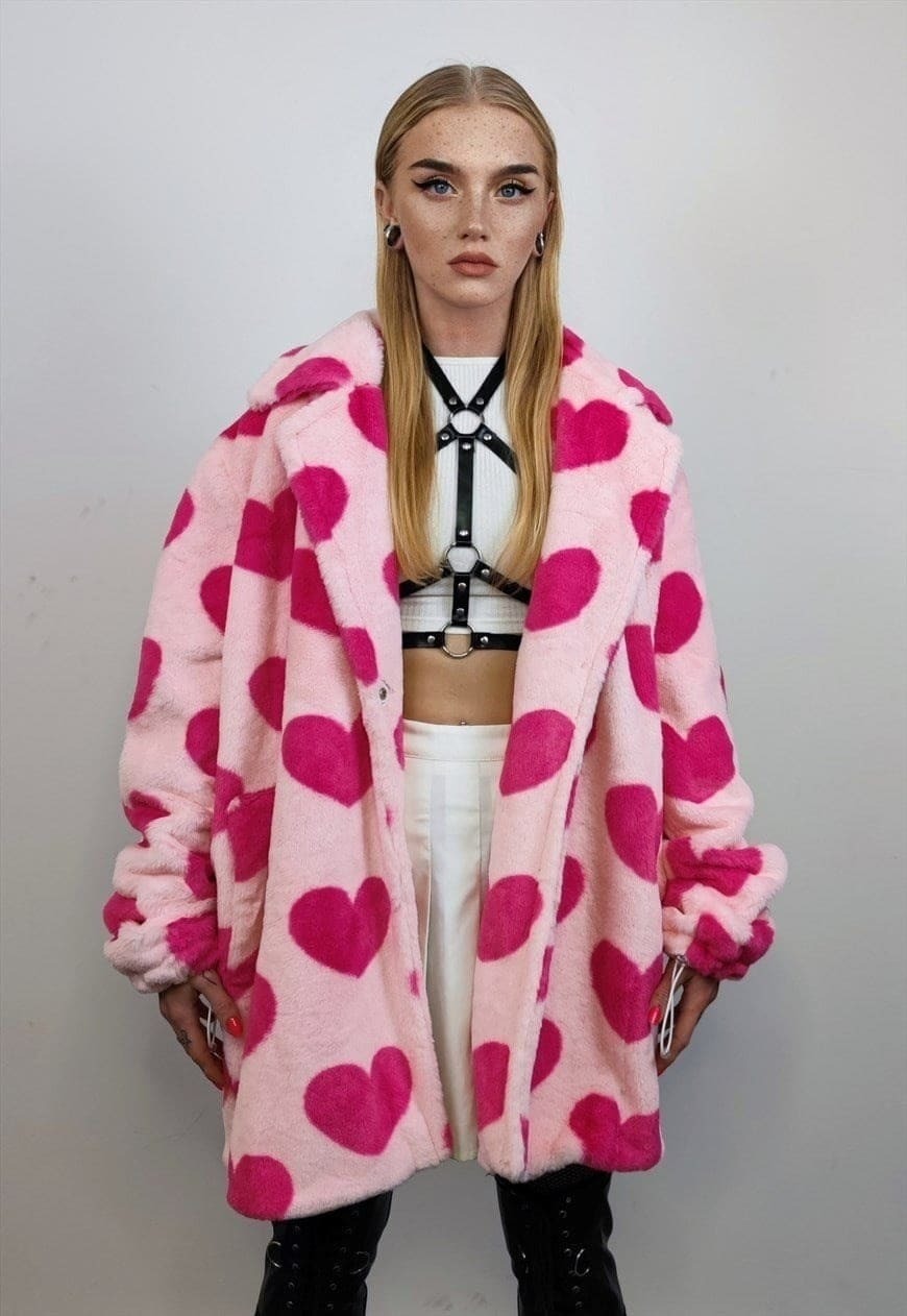 Heart fleece coat handmade faux fur love trench jacket pink