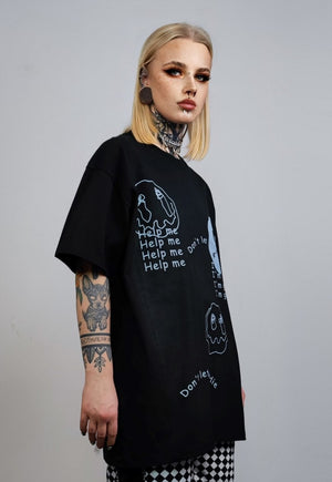 Sad t-shirt emoji print tee scribble graffiti top in black