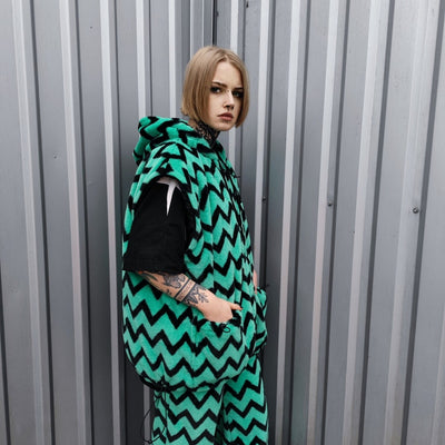 Festival stripe fleece jacket handmade detachable fluffy rave bomber zigzag print faux fur premium geometric top party zebra coat in green