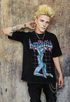 Cyber punk t-shirt grunge tee retro robot top in acid black