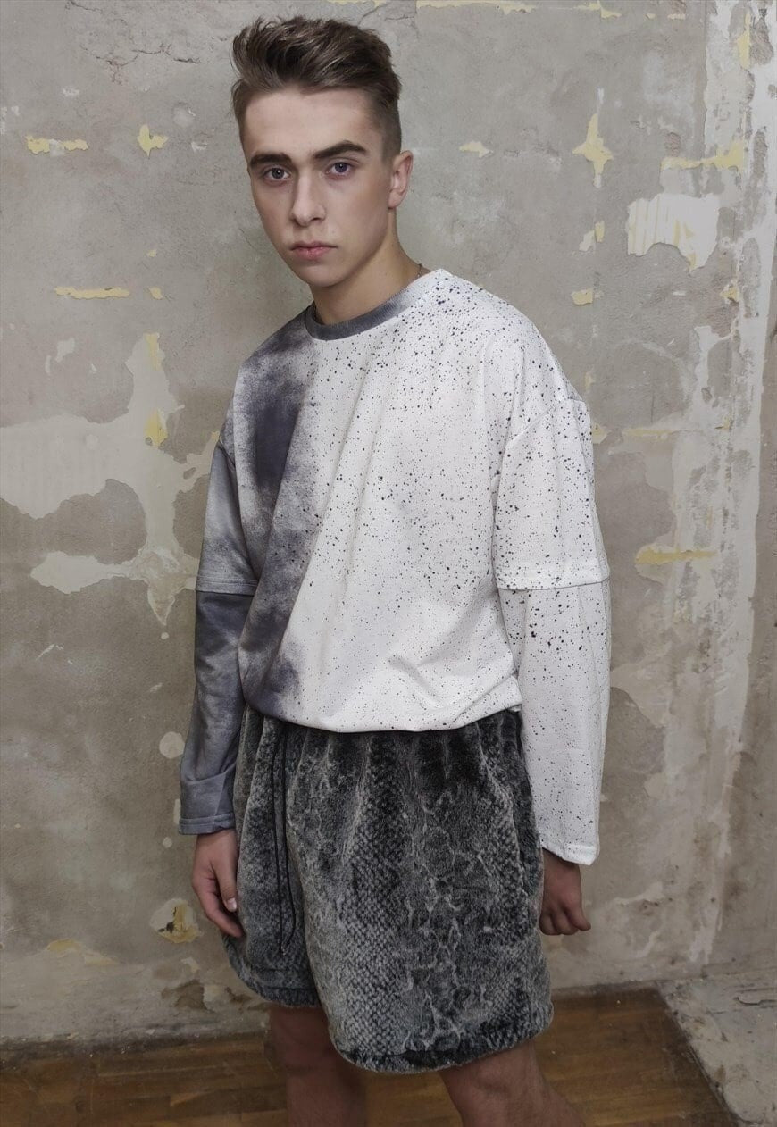 Python fleece shorts handmade snake fur cargo overalls grey