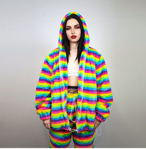 Striped rainbow fleece jacket psychedelic hood festival glitch rave bomber carnival overcoat LGBT jumper gay pride pullover burning man top