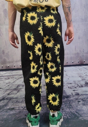 Sunflower fleece joggers handmade Daisy pants floral bottoms