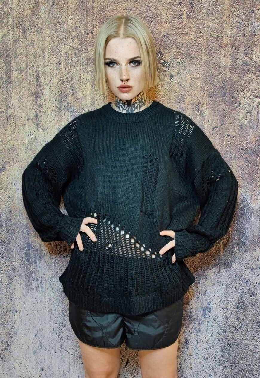 Ripped sweater see-through jumper sheer knitted top in black